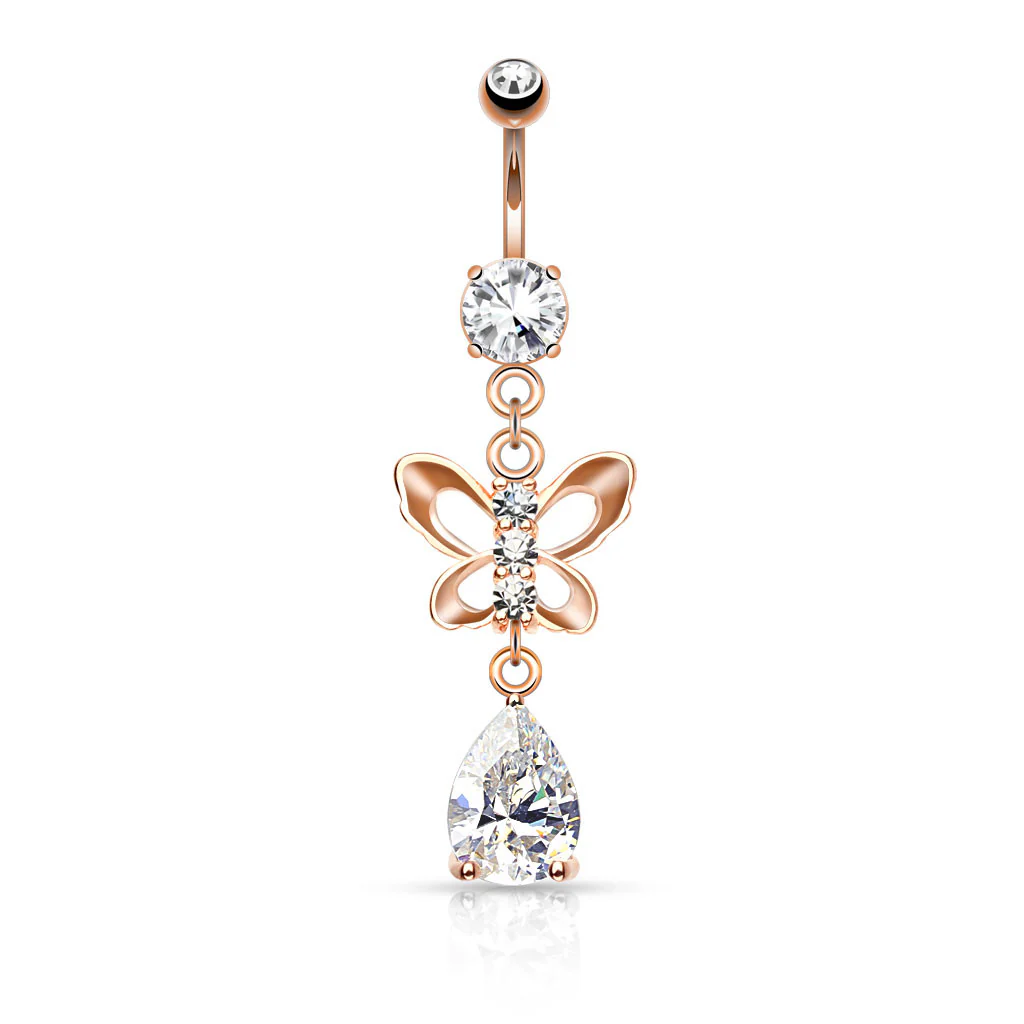 Clear CZ Paved Butterfly and Tear Drop Cut CZ Navel Belly Button Ring - Image 4
