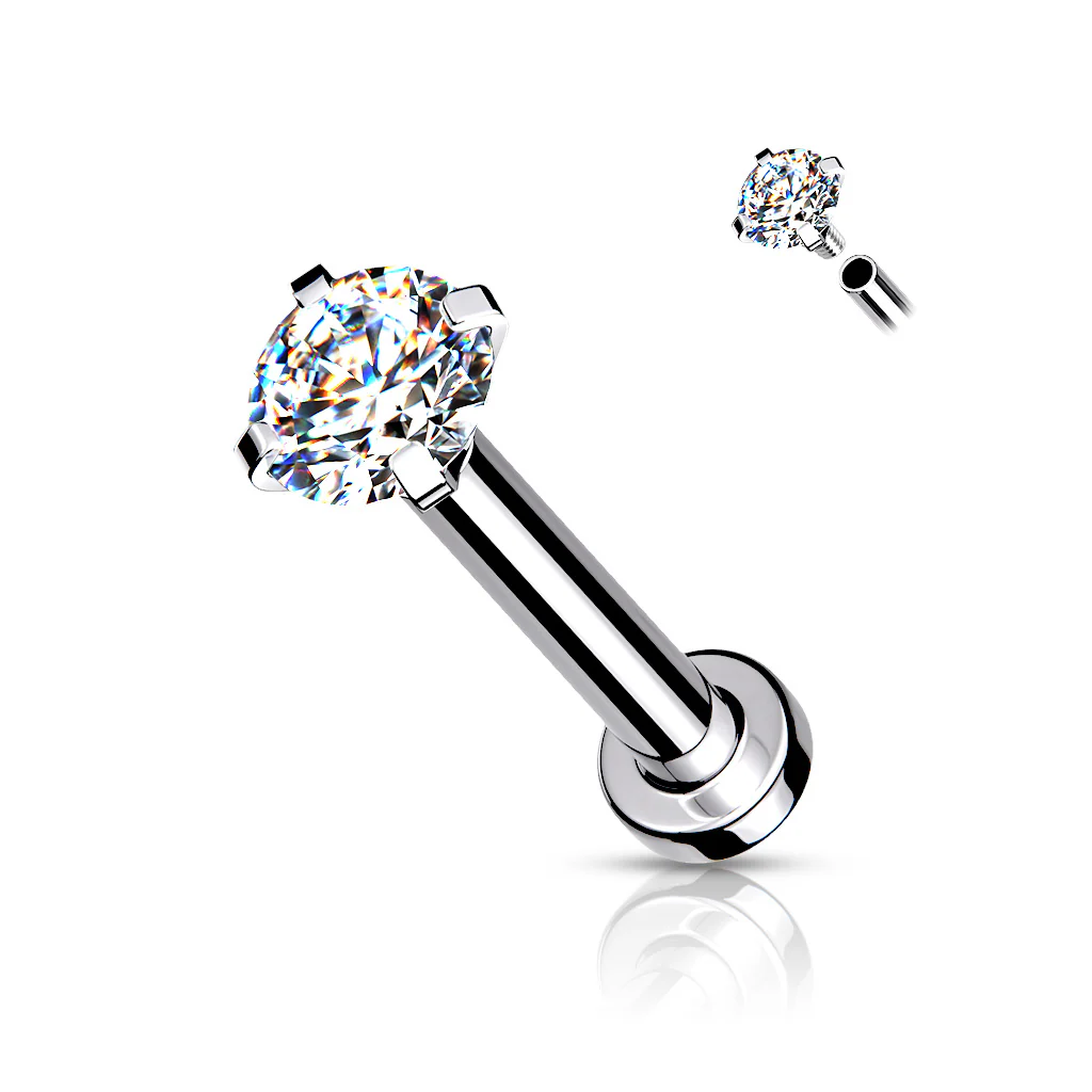 Clear CZ Prong Set Top Flat Back Studs For Lip Chin Nose 16G