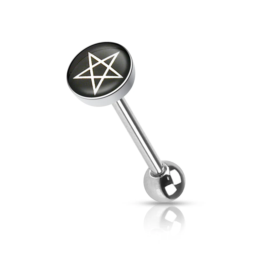 Clear Epoxy Colored Logo Inlaid Surgical Steel Barbell Tongue Rings - Image 2