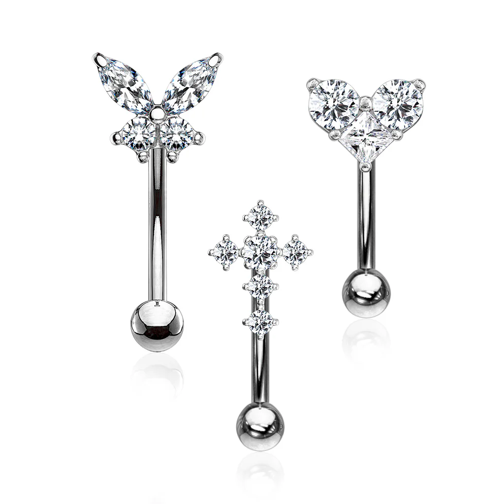 3 Pc Pre Loaded Butterfly Heart Cross Gold Eyebrow Ring Curved Barbells - Image 2