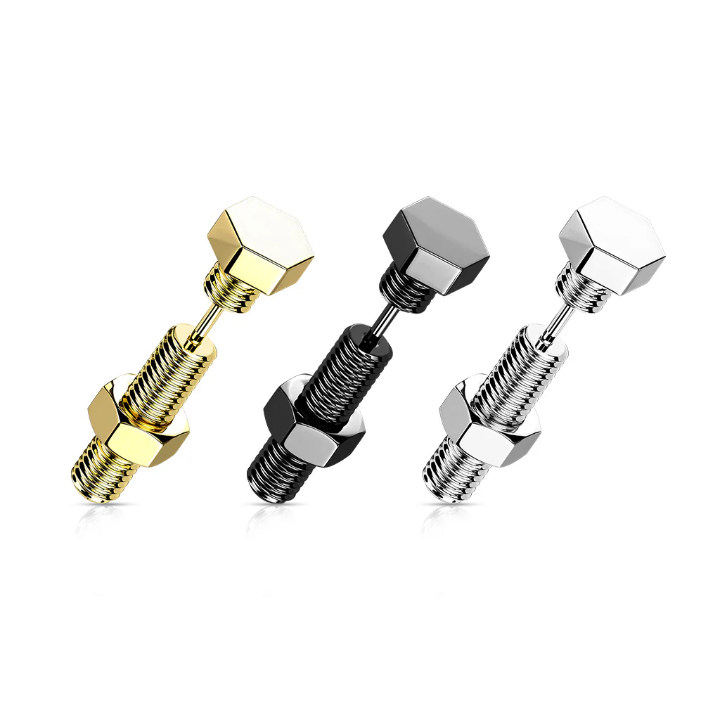 1 Pc Nut & Bolt / Hexagon Screw Head Fake Plug Earring - Image 7