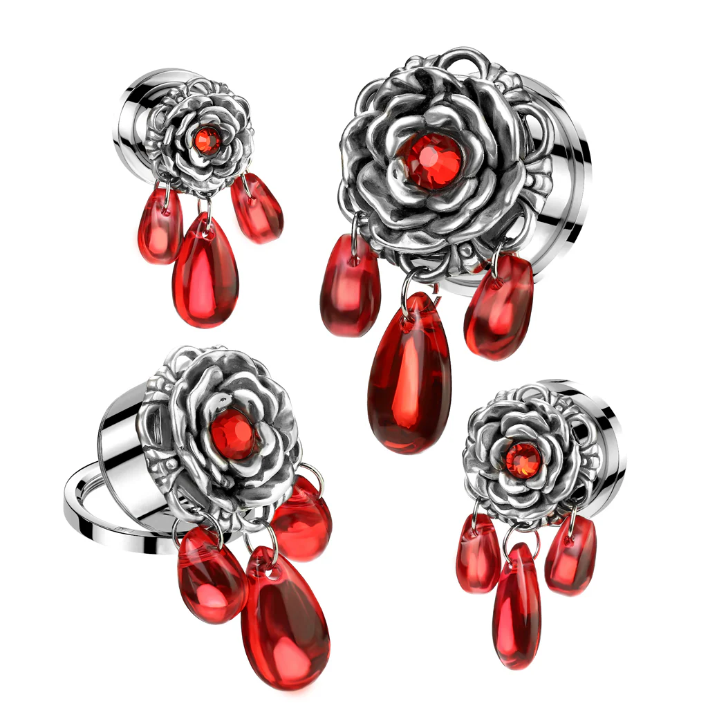 1 Pc Rose Flower Top & 3 Red Glass Dangle Screw Fit Tunnels Plugs - Image 2