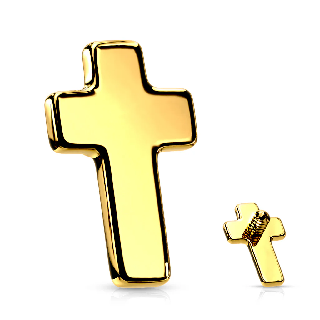 1 Pc Flat Cross Yellow Gold Plated Internally Threaded Top Dermal Anchor Top