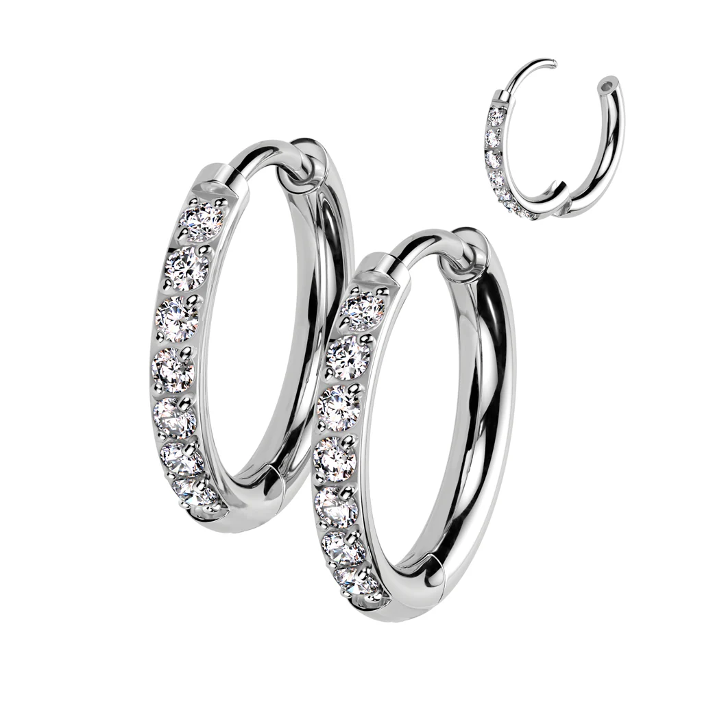Pair Implant Titanium 2mm Thick Hinged Round Hoop CZ Earrings Studs - Image 3