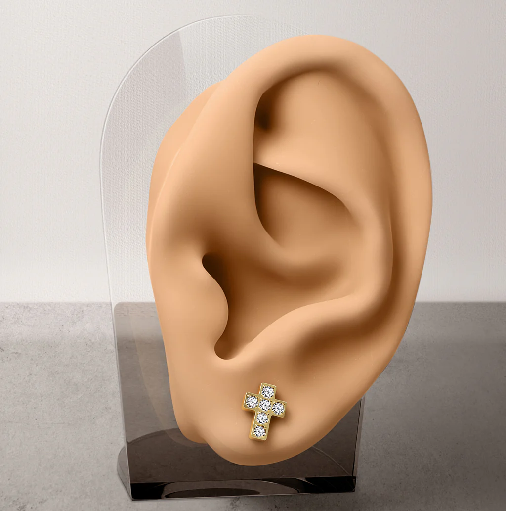 1 Pc Implant Titanium Threadless Earring Stud With 6 CZ Cross Top - Image 2