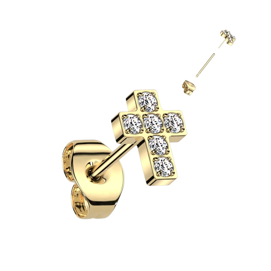 1 Pc Implant Titanium Threadless Earring Stud With 6 CZ Cross Top - Image 4