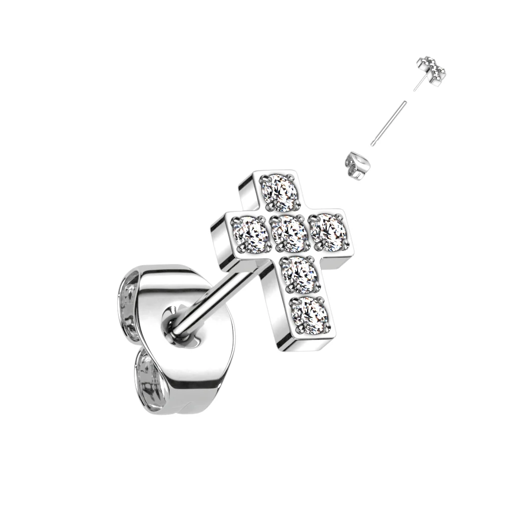 1 Pc Implant Titanium Threadless Earring Stud With 6 CZ Cross Top - Image 5