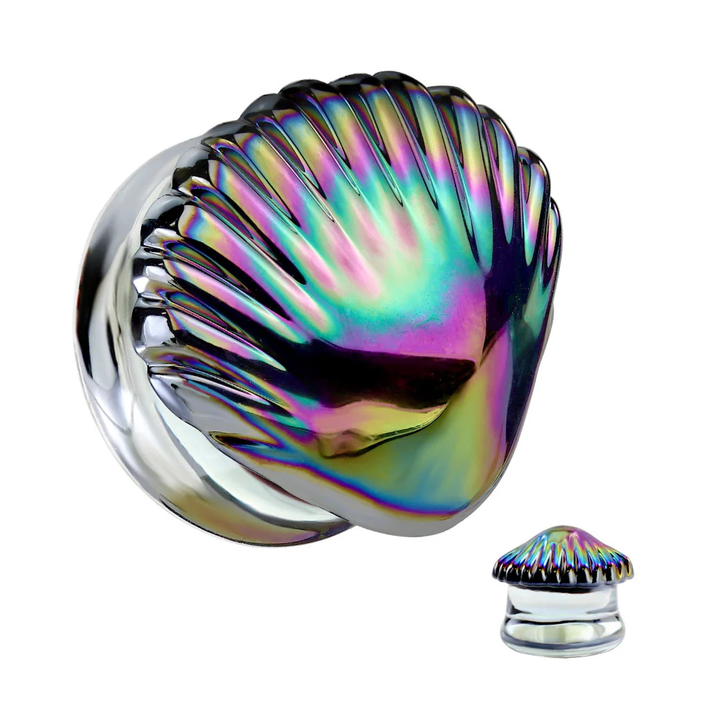 Pair Iridescent Rainbow Shell Double Flare Glass Ear Plugs - Image 3
