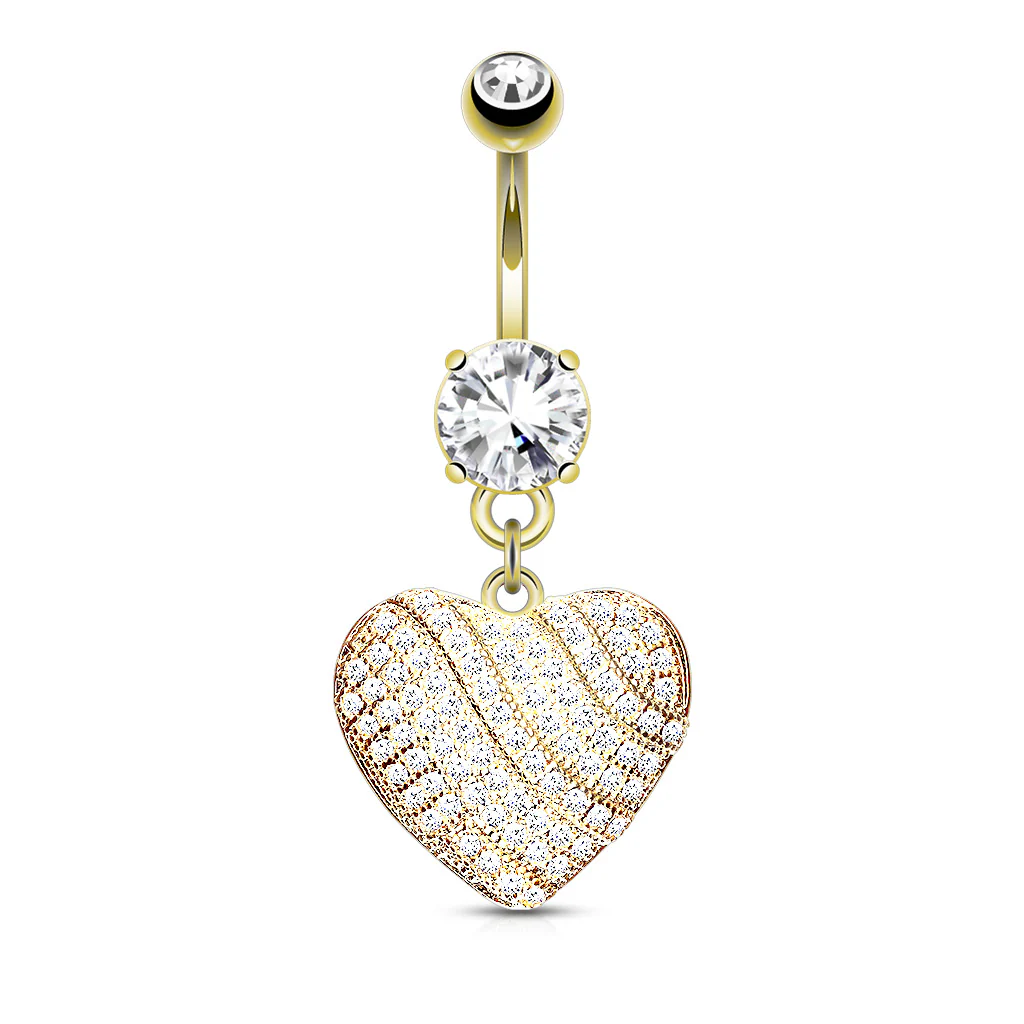 Gold Plated Micro CZ Paved Heart Shape Dangle Belly Button Navel Rings