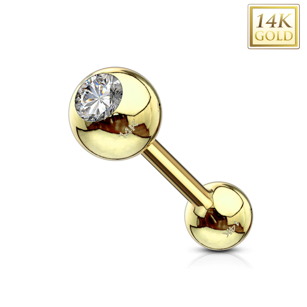 14K Solid Gold Clear CZ Ball Top Barbells 16 Gauge - Image 3