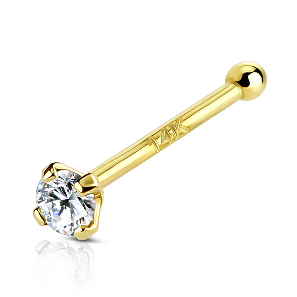 14K Solid Gold Prong Set 3 mm CZ Nose Stud Ring - Image 2