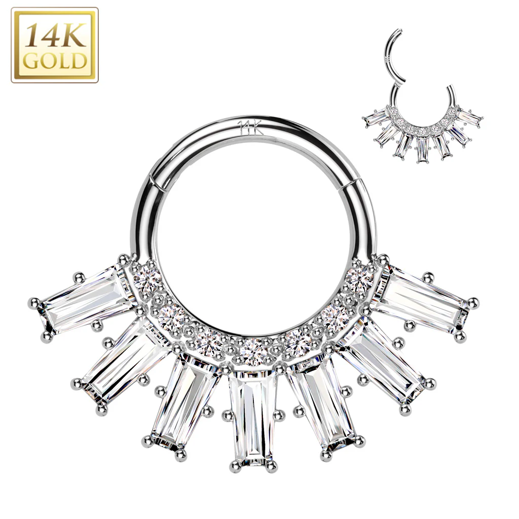 14K Solid Gold CZ Fan Segment Hoop Ring Nose Septum Daith - Image 4