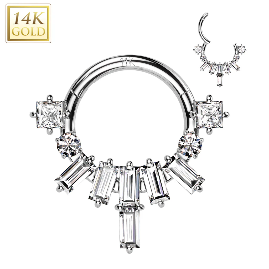 14K Solid Gold Baguette Fan Segment Hoop Ring Nose Septum Daith - Image 3