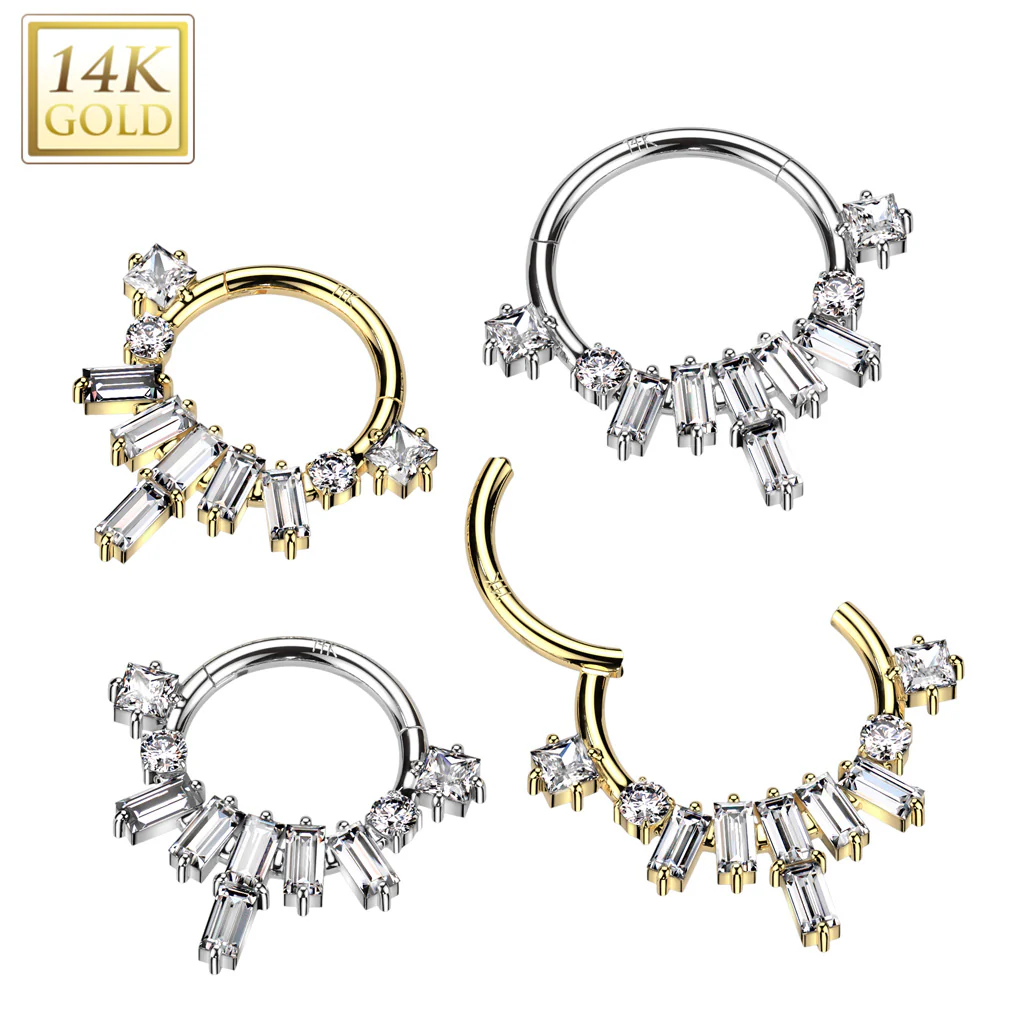 14K Solid Gold Baguette Fan Segment Hoop Ring Nose Septum Daith - Image 4