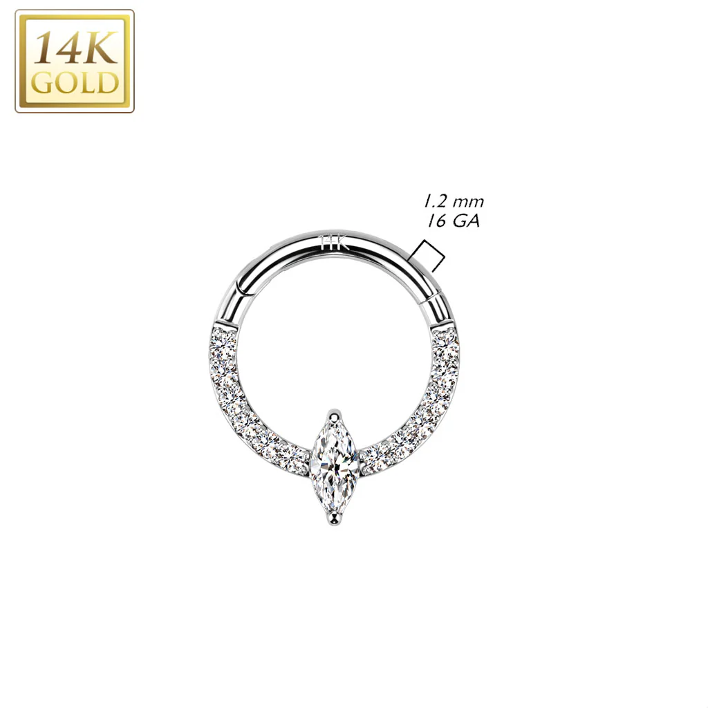 14K Solid Gold Marquise CZ Hinged Segment Hoop Ring Nose Septum Daith - Image 2