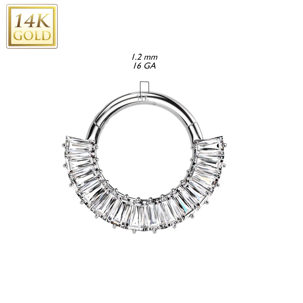 14K Solid Gold Baguette Cut CZ Segment Hoop Ring Nose Septum Daith - Image 2