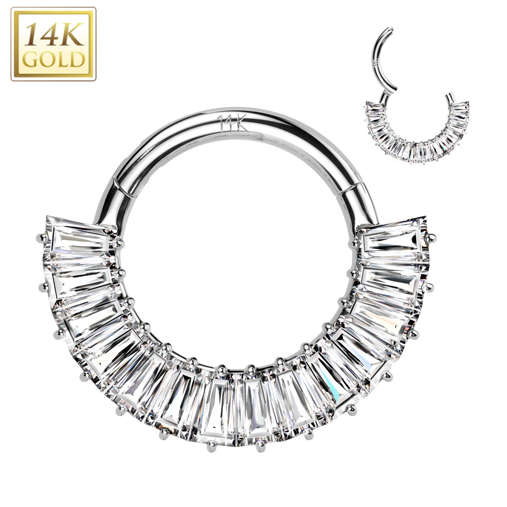 14K Solid Gold Baguette Cut CZ Segment Hoop Ring Nose Septum Daith - Image 3