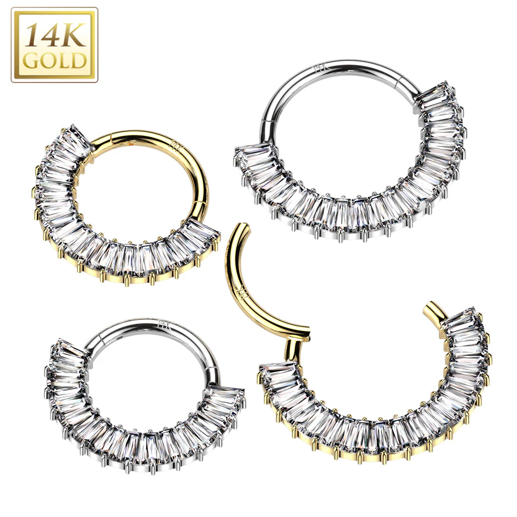 14K Solid Gold Baguette Cut CZ Segment Hoop Ring Nose Septum Daith - Image 4