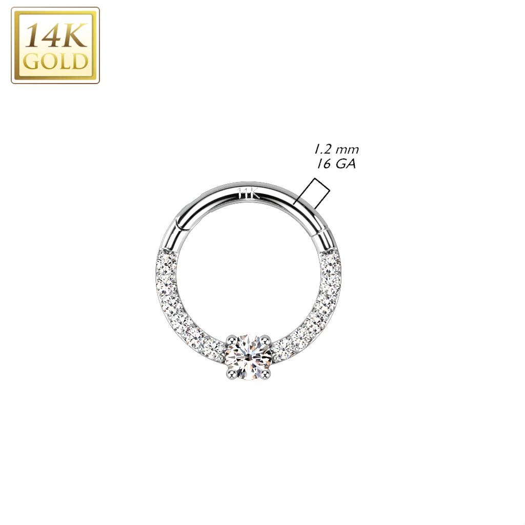 14K Solid Gold Front CZ Hinged Segment Hoop Ring Nose Septum Daith - Image 2