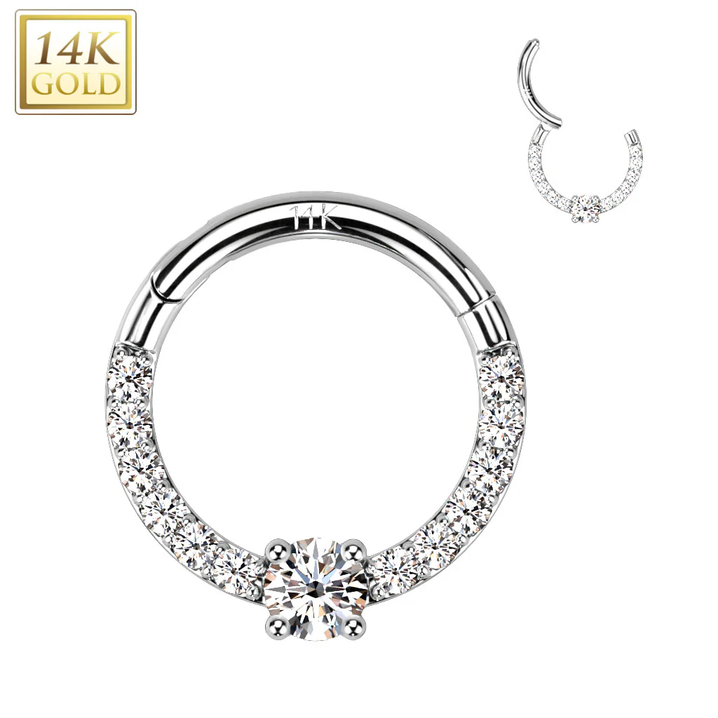 14K Solid Gold Front CZ Hinged Segment Hoop Ring Nose Septum Daith - Image 4