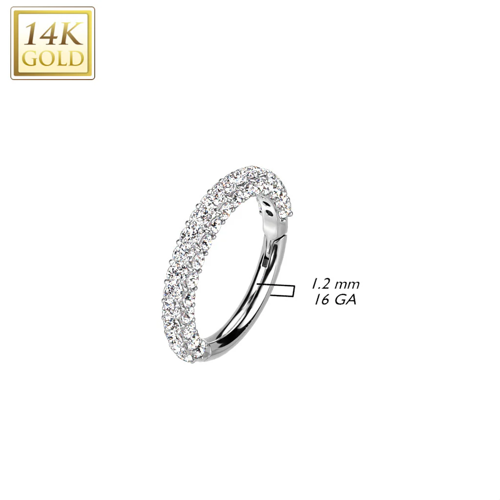 14K Solid Gold Pave CZ Hinged Hoop Segment Ring Nose Septum Cartilage - Image 3