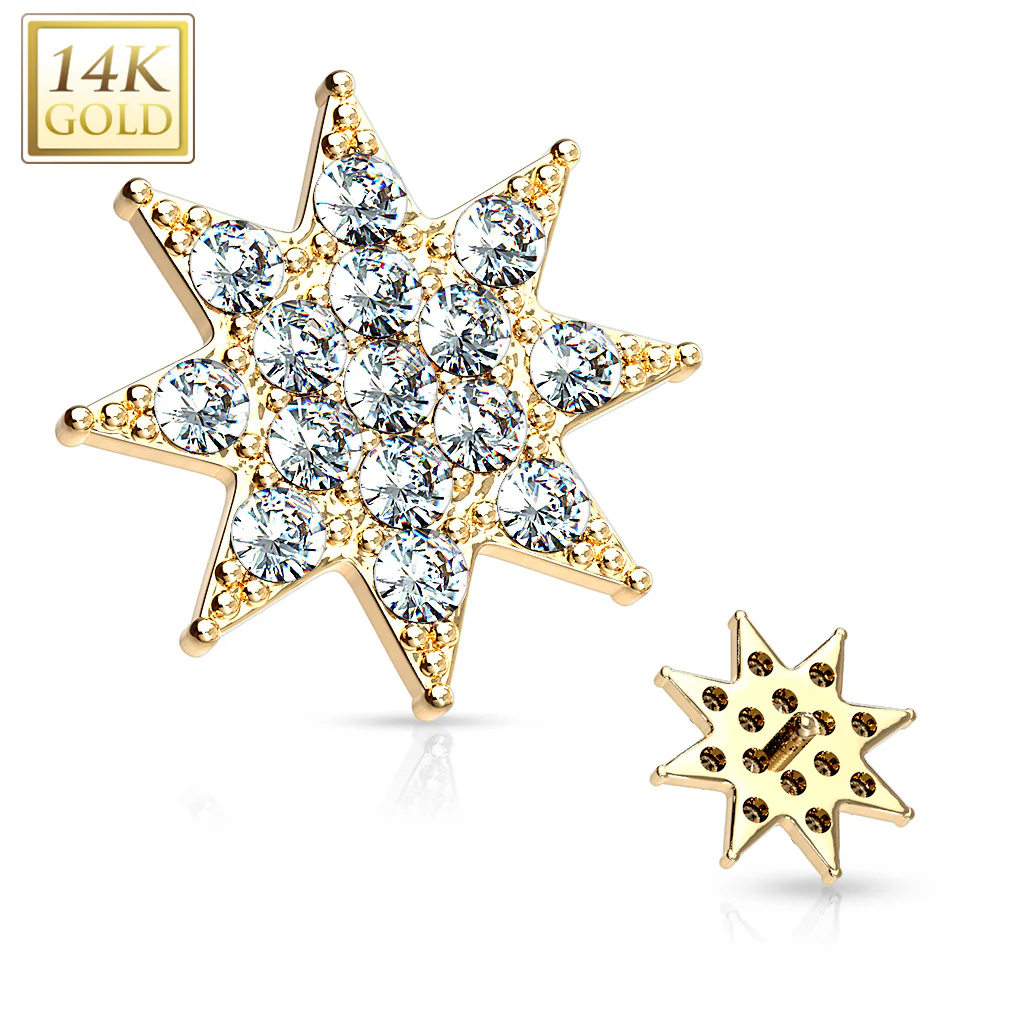14K Solid Gold 8 mm CZ Paved Star Burst Dermal Anchor Top - Image 5