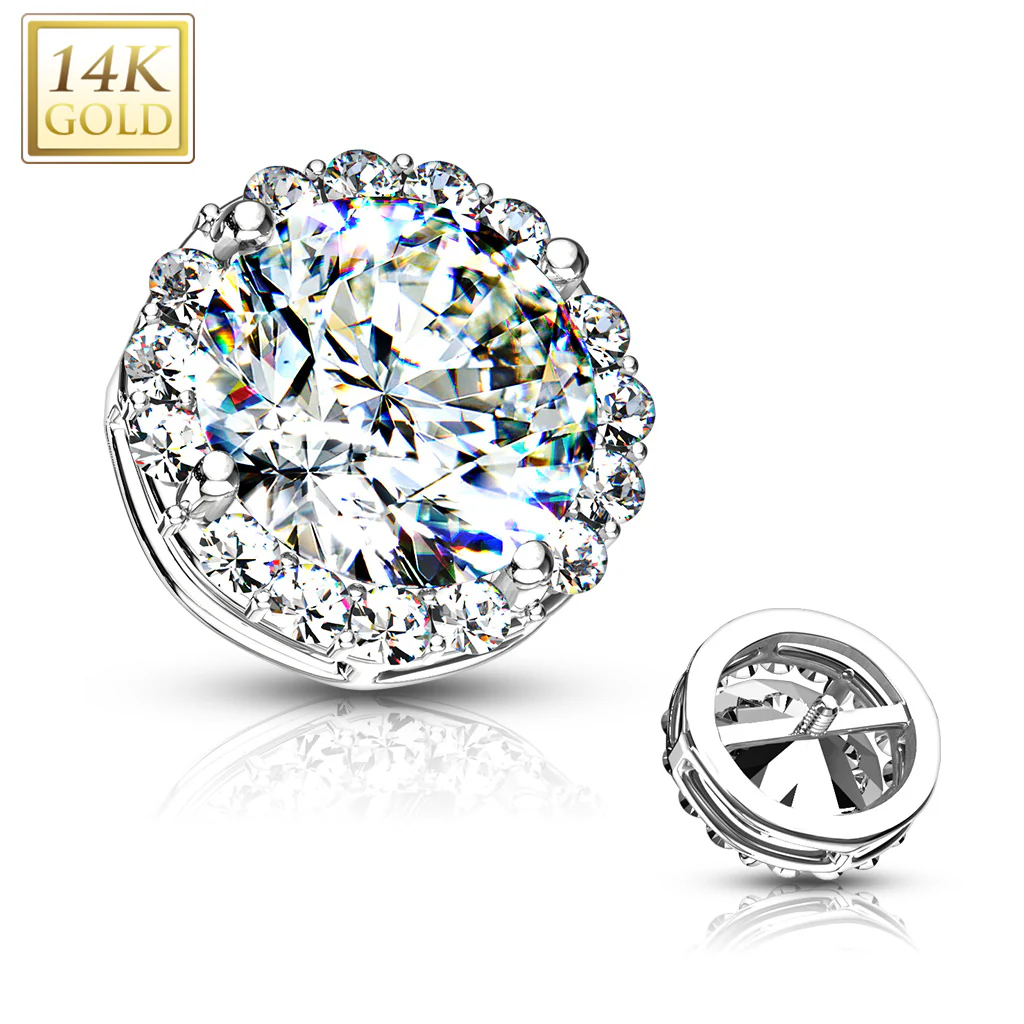14K Solid Gold 8mm CZ Paved Around Large CZ Center Dermal Anchor Top - Image 4