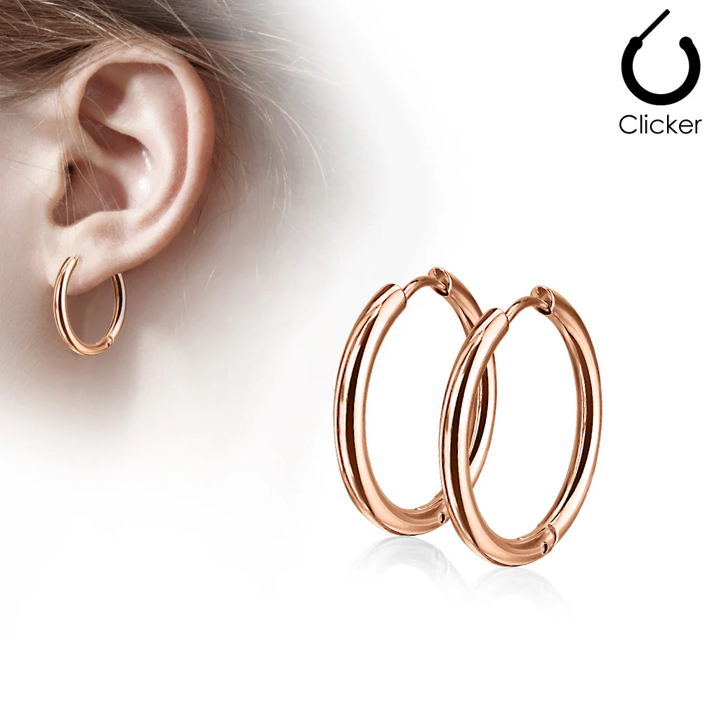 Pair Of Rose Gold IP 316L Surgical Steel Hinge Seamless Hoop Earrings - Image 2