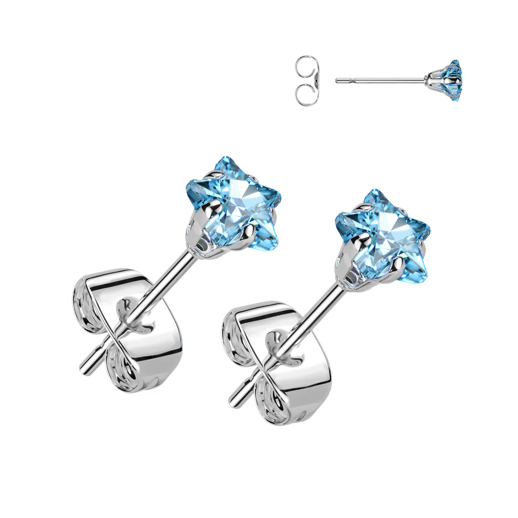 Pair Of 316L Surgical Steel Prong Set Star CZ Earrings - Image 3