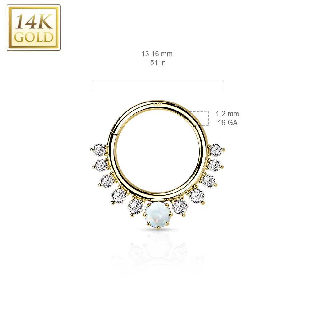 14K Solid Gold CZ Opal Hinged Segment Hoop Ring Nose Septum Daith - Image 2