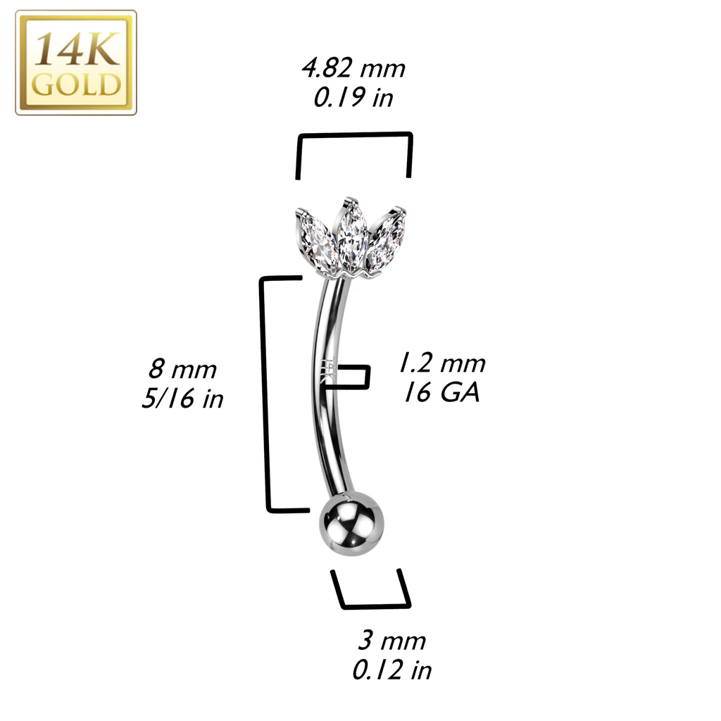 14K Solid Gold Triple CZ Marquise Fan Curved Eyebrow Ring - Image 4