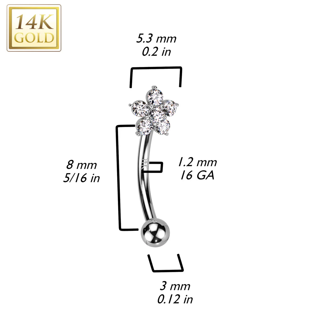 14K Solid Gold CZ Flower Curved Eyebrow Ring - Image 2