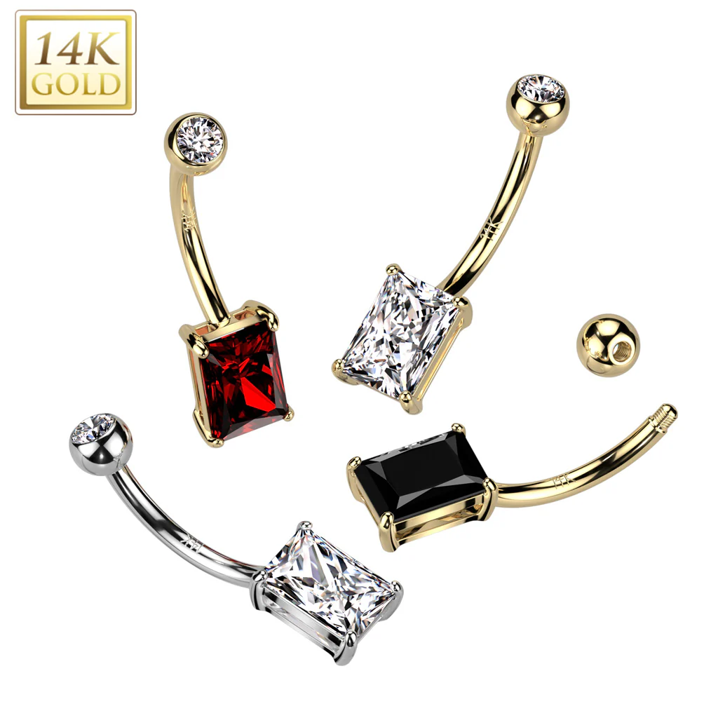 14K Solid Gold Prong Princess Cut Belly Button Navel Ring