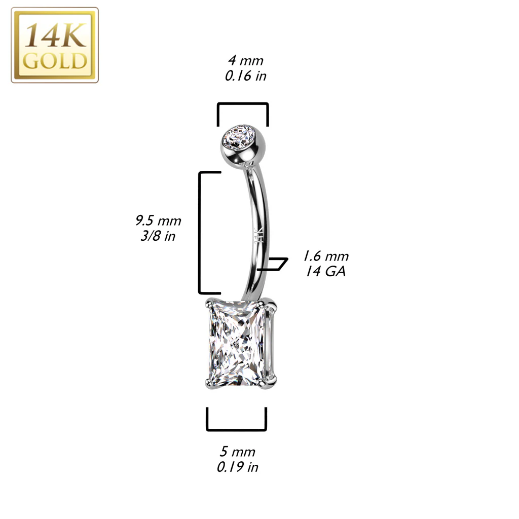 14K Solid Gold Prong Princess Cut Belly Button Navel Ring - Image 2
