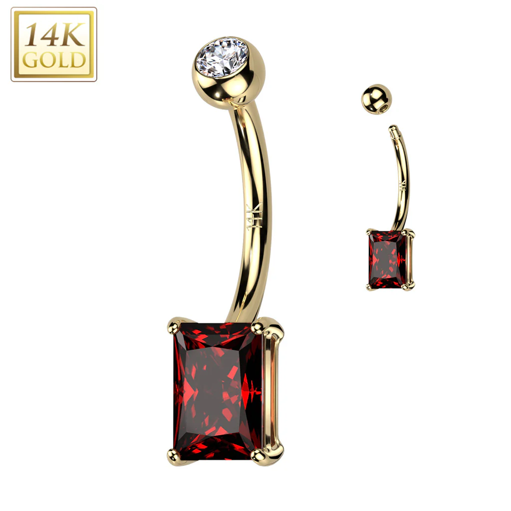 14K Solid Gold Prong Princess Cut Belly Button Navel Ring - Image 3