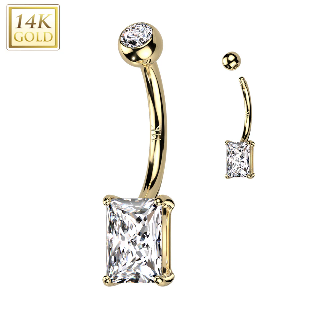 14K Solid Gold Prong Princess Cut Belly Button Navel Ring - Image 5