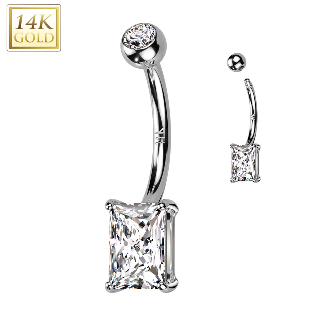 14K Solid Gold Prong Princess Cut Belly Button Navel Ring - Image 6