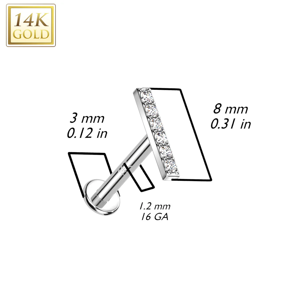 14K Solid Gold Internally Threaded Labret Tragus Stud CZ Paved Bar Top - Image 2