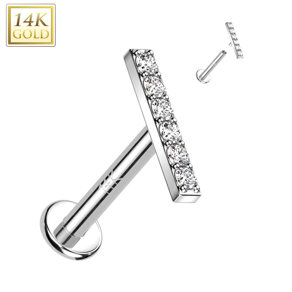 14K Solid Gold Internally Threaded Labret Tragus Stud CZ Paved Bar Top - Image 3