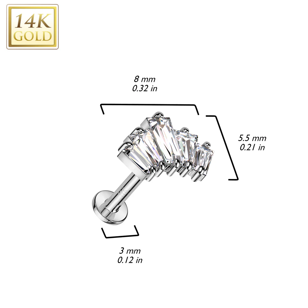 14K Solid Gold Threadless Labret With 5 CZ Fan Top - Image 2