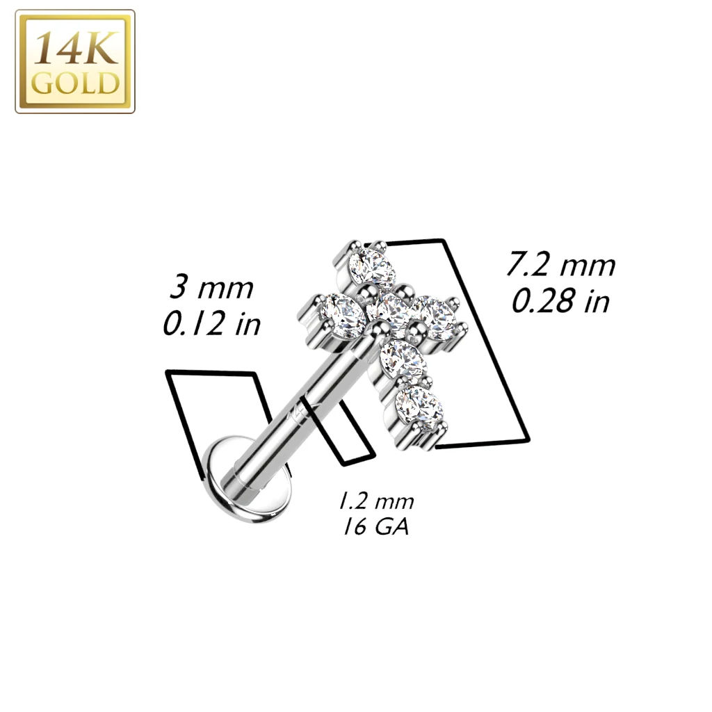 14K Solid Gold Internally Threaded Labret Stud CZ Cross Top Tragus - Image 2