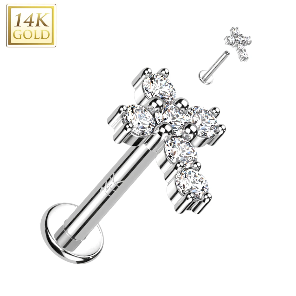 14K Solid Gold Internally Threaded Labret Stud CZ Cross Top Tragus - Image 3
