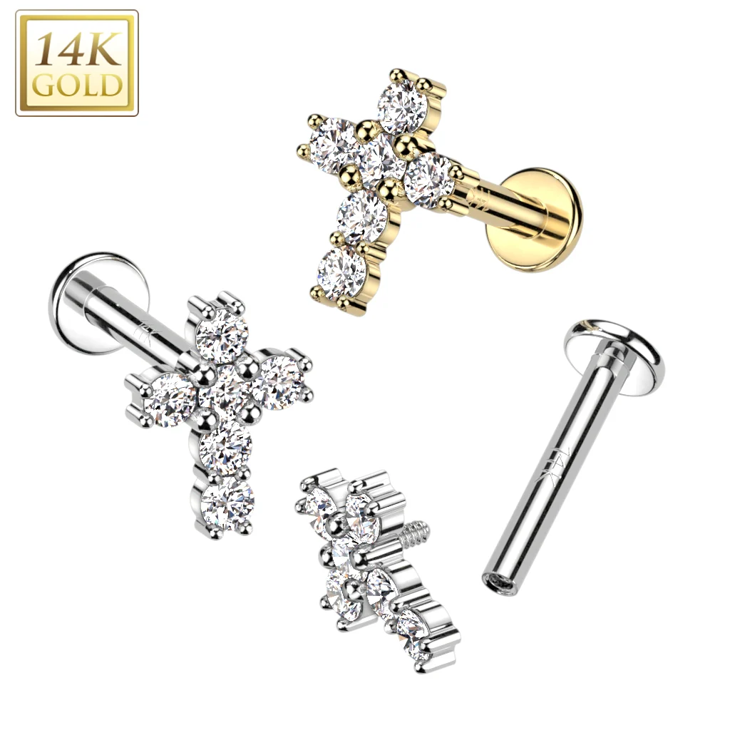 14K Solid Gold Internally Threaded Labret Stud CZ Cross Top Tragus - Image 4