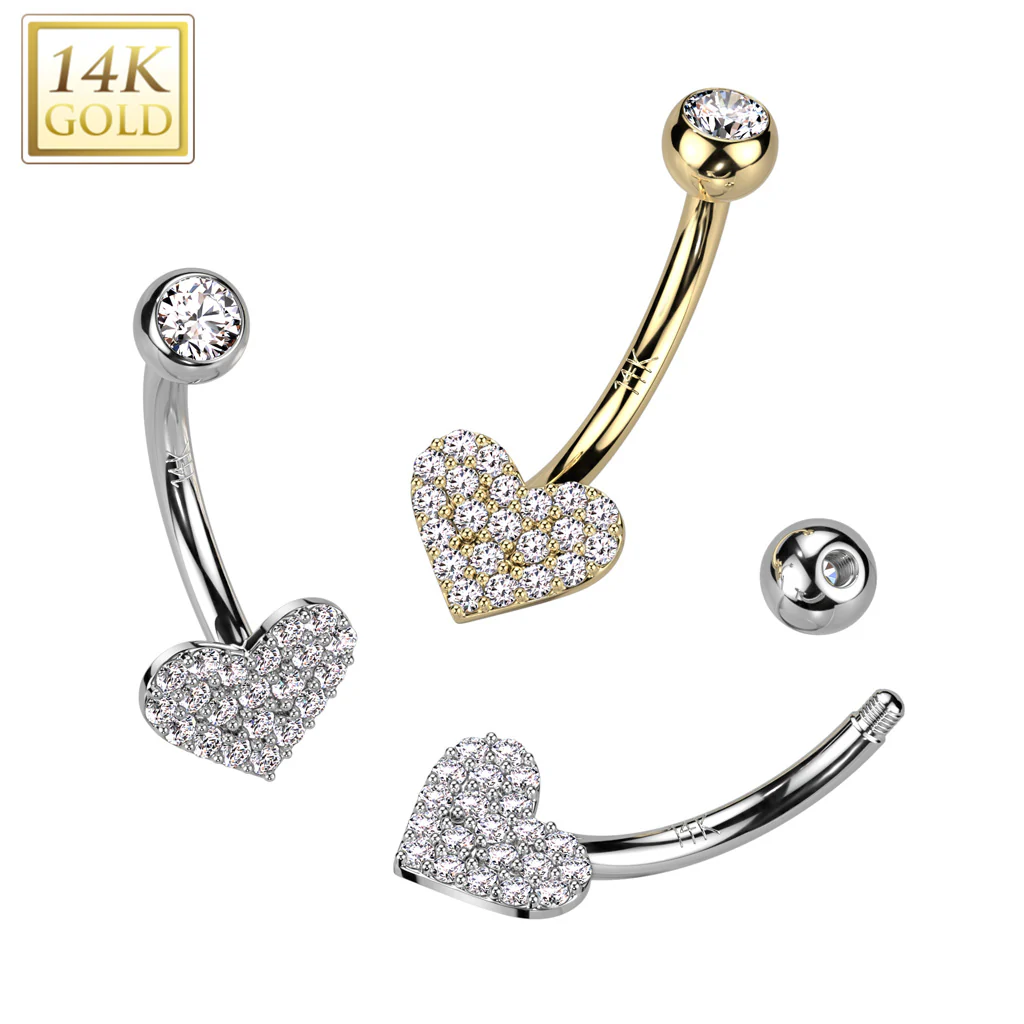 14K Solid Gold Heart CZ Pave Navel Belly Button Ring - Image 4