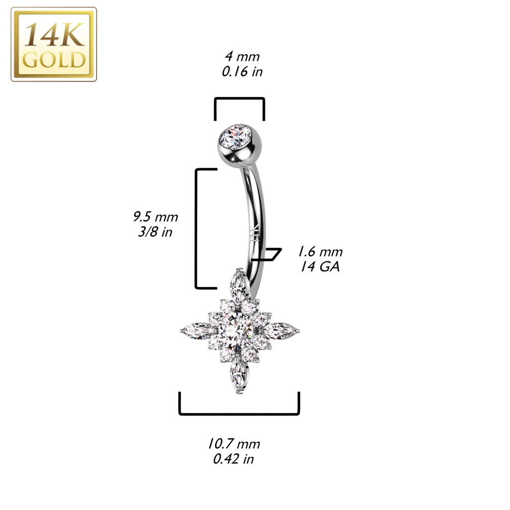 14K Solid Gold Starburst Center Opal or CZ Belly Button Navel Ring - Image 2