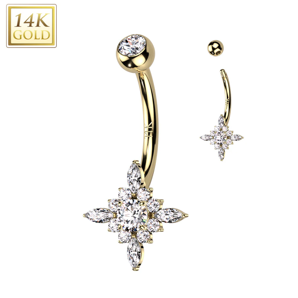 14K Solid Gold Starburst Center Opal or CZ Belly Button Navel Ring - Image 3