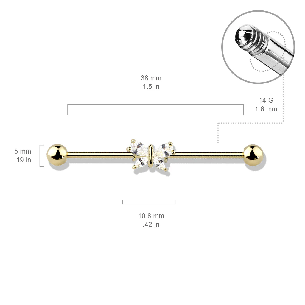 Gold Plated Marquise CZ Paved Butterfly Industrial Barbells - Image 3