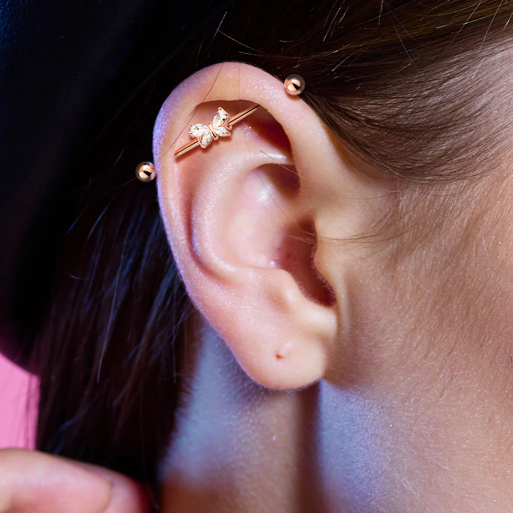 Gold Plated Marquise CZ Paved Butterfly Industrial Barbells - Image 4