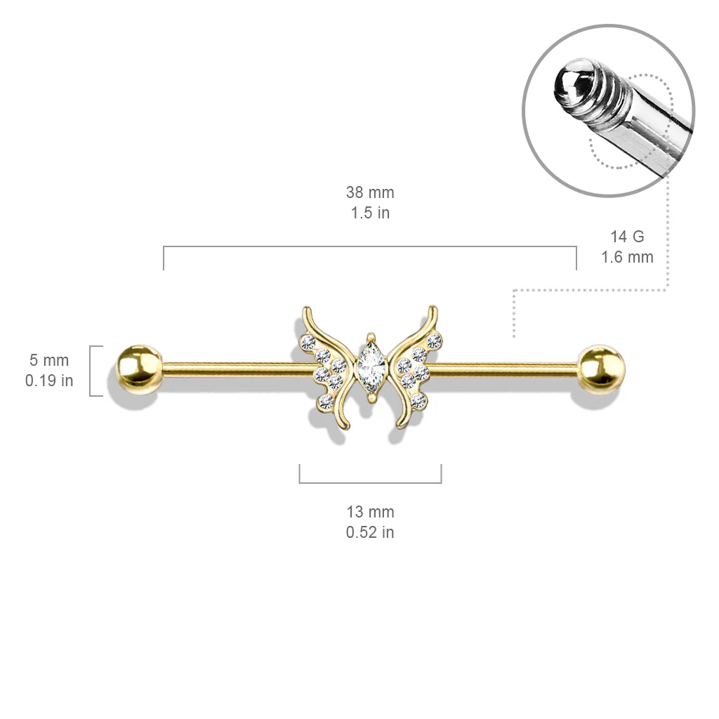Marquise Crystal Butterfly Center Surgical Steel Industrial Barbells - Image 2