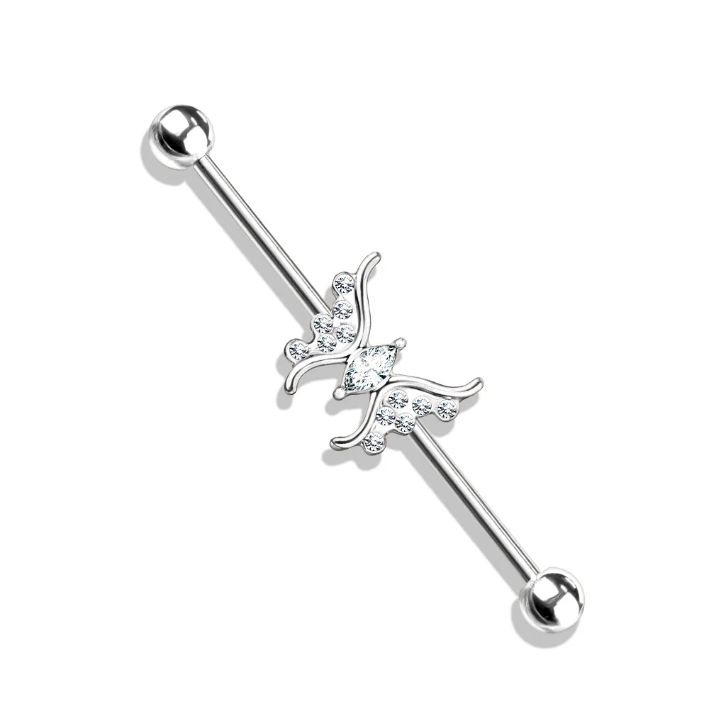 Marquise Crystal Butterfly Center Surgical Steel Industrial Barbells - Image 5